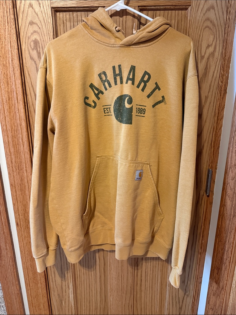 Carhartt Men’s Mustard Yellow Crewneck Hoodie with Green Logo